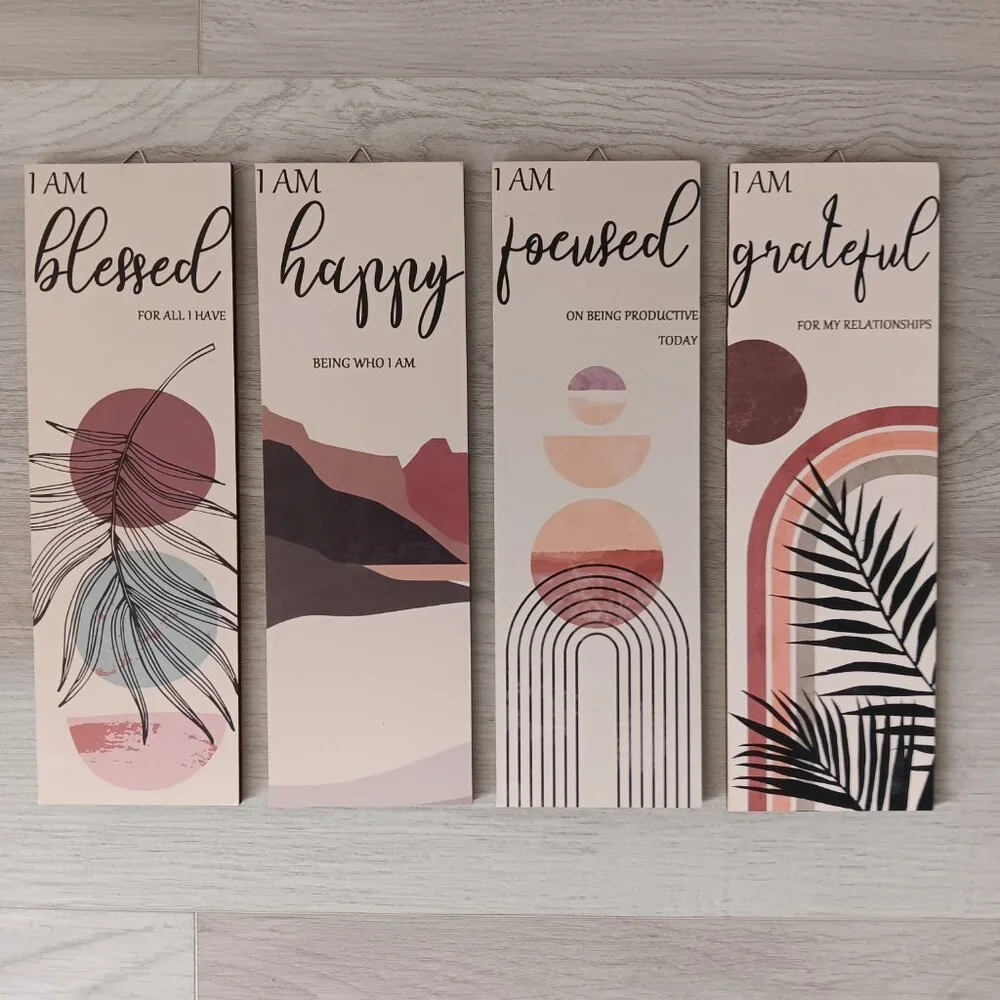 New Inspirational Wall Art Set of 4 Blessed Happy Focused Grateful Wood 11